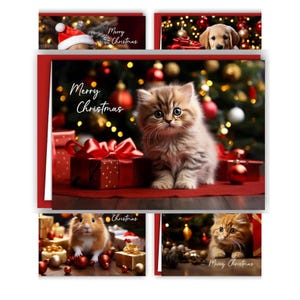 12 Weihnachtskarten Set Klappkarten mit Umschlägen A6 Frohe Weihnachten Merry Christmas Xmas Tiere Hund Katze Welpen Kätzchen Maus