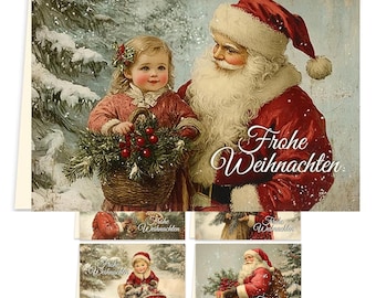 12 Weihnachtskarten Vintage Klappkarten mit Umschlägen Frohe Weihnachten Merry Christmas Xmas Weihnachtsmann Kinder Schnee Wald