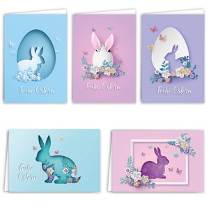 10x Osterkarten Hasen Set "Hoppelglück" Hasen mit Blumen und 10x Umschlägen aufklappbar Frohe Ostern Grußkarten in A6