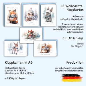 K&ouml;nnte beinhalten: Set mit 12 Weihnachtskarten mit niedlichen Waldtieren, die Winter-Schals tragen. Die Karten sind auf hochwertigem Papier mit Glanzlack gedruckt und beinhalten Umschl&auml;ge. Der Text auf den Karten lautet "Frohe Weihnachten".