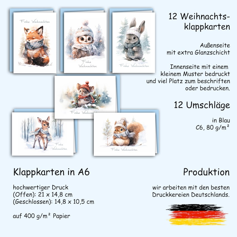 K&ouml;nnte beinhalten: Set mit 12 Weihnachtskarten mit niedlichen Waldtieren, die Winter-Schals tragen. Die Karten sind auf hochwertigem Papier mit Glanzlack gedruckt und beinhalten Umschl&auml;ge. Der Text auf den Karten lautet "Frohe Weihnachten".