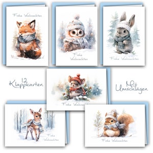 12 Weihnachtskarten Tiere "Winterzauber mit Waldtieren" Klappkarten mit Umschlag