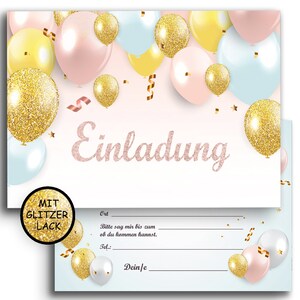 10 Einladungskarten mit Umschlägen Glitzer mit Luftballons Klappkarten