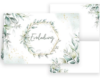 10 Invitation Cards Green Leaves Watercolor with Envelopes