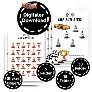 Belohnungstafel Rennauto Belohnungssystem Belohnungsplan für Kinder als PDF mit Stickern zum selber Drucken Auto Belohnung Motivation