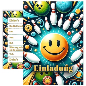 10x Bowling Einladungskarten Set "Smiley-Strike" Geburtstag Party Einladung
