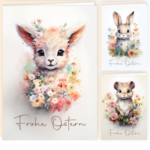 12x Osterkarten Set "Sanfte Ostergrüße" süße Tiere mit Blumen mit Umschlägen 12er-Set aufklappbare Karten