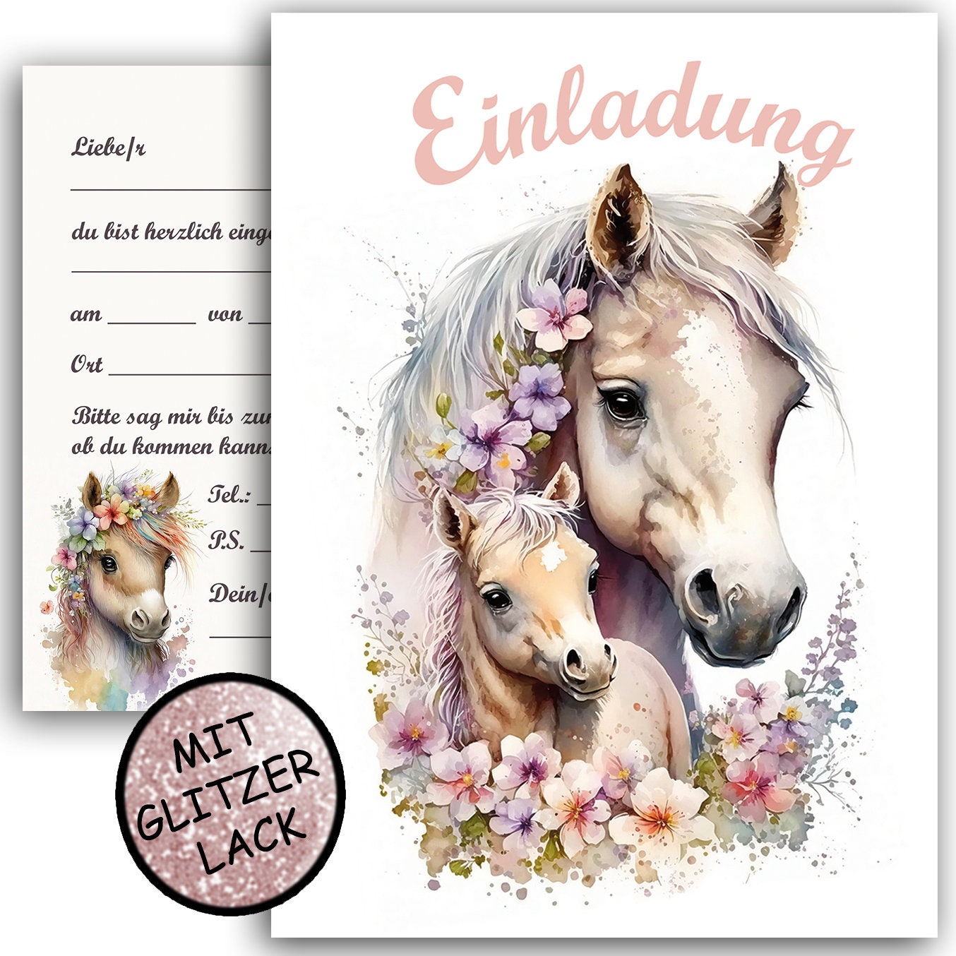 CherryCards Einladungskarten-Set – 15 Karten + Umschläge, Motiv 'Pferd & Katze', A6, Für Kindergeburtstage