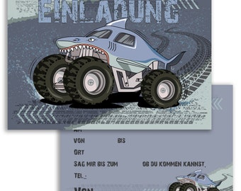 May include: A blue and gray invitation card with a cartoon monster truck with shark teeth and fins. The text on the card reads "EINLADUNG" and includes the words "VON", "BIS", "ORT", "SAG MIR BIS ZUM", "OB DU KOMMEN KANNST.", "TEL.:", and "VON".