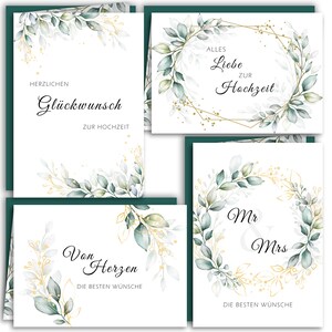 4er Set Hochzeit Glückwunschkarten Grün Aquarell