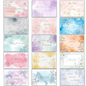 Geburtstagskarten Set mit 15 Klappkarten und Umschlägen Aquarell Zart Pastell
