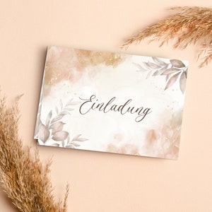10 Einladungskarten Beige Blätter Aquarell mit Umschlägen Klappkarten