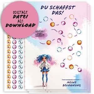 Belohnungstafel Mädchen Belohnungssystem Belohnungsplan für Kinder als PDF mit Stickern zum selber Drucken Puppe blau Belohnung Motivation