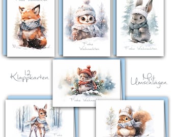 Könnte beinhalten: Set mit 12 Weihnachtskarten mit niedlichen Tieren, die Wintermützen und Schals tragen. Die Karten sind mit dem Text "Frohe Weihnachten" bedruckt. Die Karten werden mit Umschlägen geliefert.
