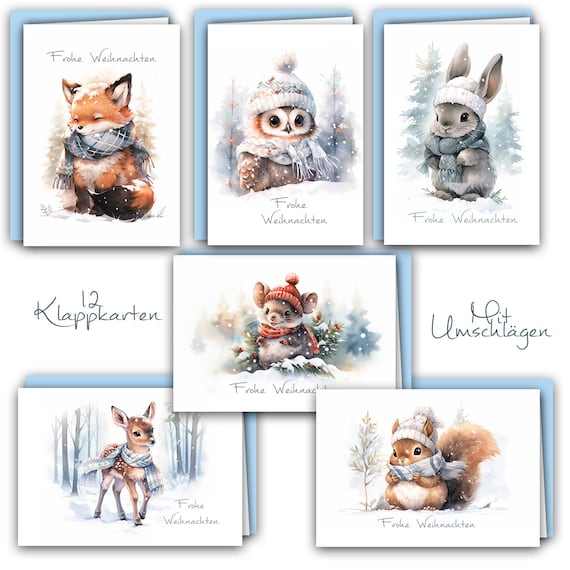 12 Weihnachtskarten Set Klappkarten Tiere Winter gezeichnet Aquarell mit 12 Umschlägen