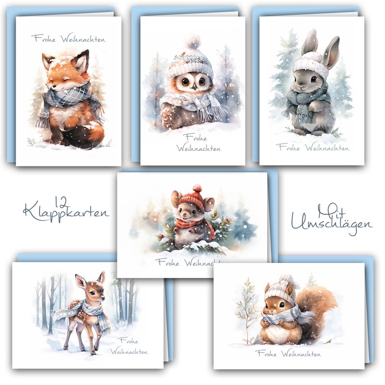 K&ouml;nnte beinhalten: Set mit 12 Weihnachtskarten mit niedlichen Tieren, die Winterm&uuml;tzen und Schals tragen. Die Karten sind mit dem Text "Frohe Weihnachten" bedruckt. Die Karten werden mit Umschl&auml;gen geliefert.