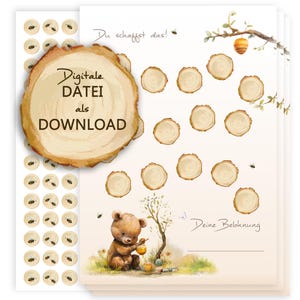 Belohnungstafel Bär Belohnungssystem Belohnungsplan für Kinder als PDF mit Stickern zum selber Drucken Aquarell Belohnung Motivation