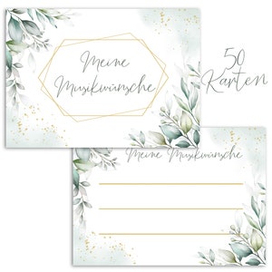 50x Musikwunschkarten Hochzeit Geburtstag Grün Aquarell Blätter A7 2 Seitig Set