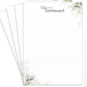 Könnte beinhalten: Ein Stapel liniertes weißes Papier mit dem Wort "Testament" in schwarzer Schrift. Die Seiten sind mit Aquarell-Blütenakzenten in Grün und Gold in den oberen rechten und unteren linken Ecken verziert.