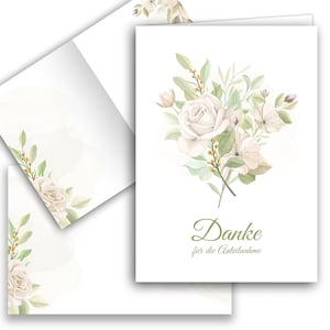 10 Dankeskarte Weiß Trauer Set "Blumen des Abschieds" mit Umschlägen hellgrün Rose