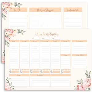 Könnte beinhalten: Ein druckbarer Wochenplaner mit floralem Design. Der Planer enthält Abschnitte für To-Do-Listen, Notizen, Einkaufslisten und einen Wochenplan. Der Planer enthält auch Abschnitte für die Verfolgung der Wasseraufnahme und der wöchentlichen Ziele.