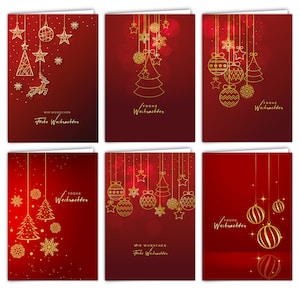 12 Klassische rote Weihnachtskarten Set "Weihnachtszauber in Rot und Gold" Klappkarten mit Umschlägen A6