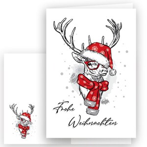Könnte beinhalten: Weihnachtskarte mit einer Schwarz-Weiß-Illustration eines Rentiers mit rotem Weihnachtsmannhut, Brille und Schal. Die Worte "Frohe Weihnachten" sind in Kursivschrift geschrieben.