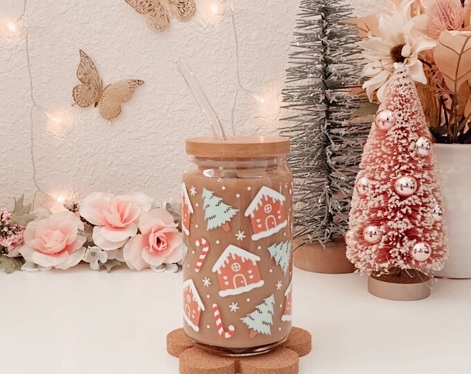 Gingerbread House Iced Coffee Glass Cup 16oz Christmas Glass Cup With