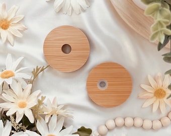 Bamboo Lids | Bamboo Lid for 16 oz Glass Can Cup | Bamboo Lid for Iced Coffee Glass | Bamboo Lid with Straw Hole | Bamboo Lid with Stopper