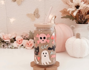 Spooky Season Iced Coffee Glass Cup | Halloween Ghost Glass Cup with Bamboo Lid and Glass Straw | Fall Libbey Glass Can | 16oz Halloween Cup