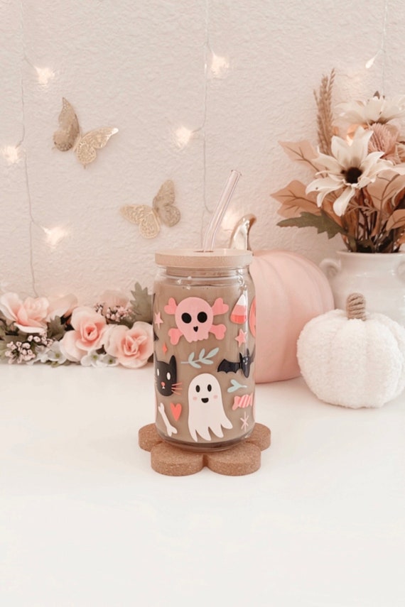 Spooky Season Iced Coffee Glass Cup | Halloween Ghost Glass Cup with Bamboo Lid and Glass Straw | Fall Libbey Glass Can | 16oz Halloween Cup