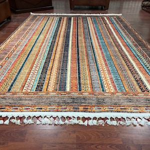 Multicolor Kilim Rug, Striped Design Area Rug, Cotton Based Machine Washable Carpet, Gift for Living Room, Ethnic Pattern Rug for Mom