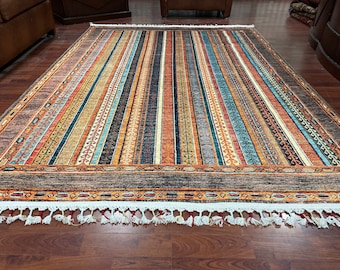 Alfombra Kilim multicolor, Alfombra turca de diseño a rayas, Alfombra de área a base de algodón, Lavable a máquina, Regalo para sala de estar, Alfombra de patrón étnico