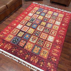 Red Afghan Pattern Rug for Dining Rooom, Antique Kilim Rug, Machine Washable Rug, Cotton Backed Carpet for Living Room, Gift Rug for Mother