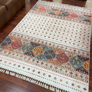 Beige Authentic Rug, Ethnic Pattern Area Rug, Nordic Home Decor, Oriental Gift for Home, Anti Slip Washable Rug for Living Room, Bedroom