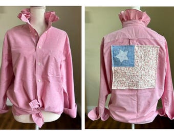Upcycled pink woman’s ruffle collar shirt with quilted American flag