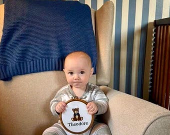 Baby Name Announcement, Embroidered Name Sign, Teddy Bear Baby Name Sign, Birth Announcement, Newborn Hospital Sign, Bear Sign
