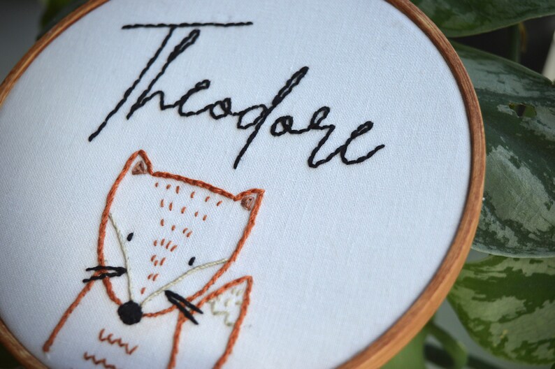 Hand Embroidered Name Hoop, Fox Embroidery, Baby Announcement Prop, Woodland Animal, Birth Announcement Sign, Baby Name Announcement image 3