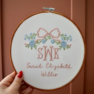 Baby Name Announcement, Embroidered Name Sign, Monogram Baby Announcement Baby Name Sign, Birth Announcement, Bow Sign, Nursery Wall Hanging