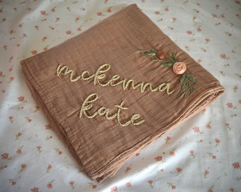 Hand Embroidered Baby Name Swaddle, Baby Name Swaddle, Personalized Baby Swaddle, Hand Embroidered Floral Name Swaddle, Baby Name Blanket