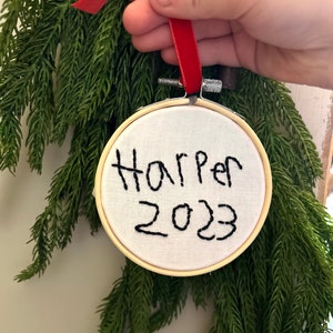 Hand Embroidered Name Ornament, Personalized Ornament, Kids Christmas Ornament, Kids Handwriting Ornament, Christmas Embroidery Hoop