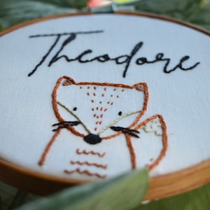 Hand Embroidered Name Hoop, Fox Embroidery, Baby Announcement Prop, Woodland Animal, Birth Announcement Sign, Baby Name Announcement image 2