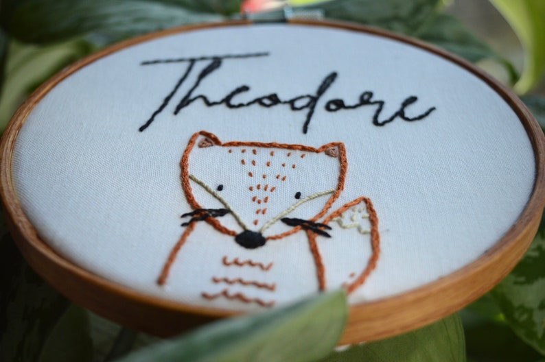 Hand Embroidered Name Hoop, Fox Embroidery, Baby Announcement Prop, Woodland Animal, Birth Announcement Sign, Baby Name Announcement image 2