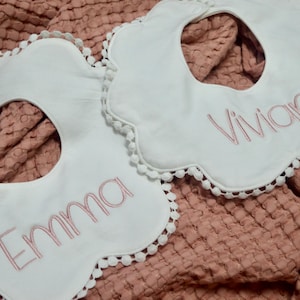 Personalized Baby Bib with Name – Scalloped Bib with Pom Pom Trim – Custom Embroidered Baby Shower Gift – Newborn Girl Bib – Keepsake Bib