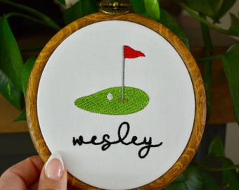 Embroidered Birth Announcement Hoop, Golf Baby Name Sign, Nursery Decor, Newborn Name Reveal, Golf Nursery, New to the Club, Baby Golf, Sign