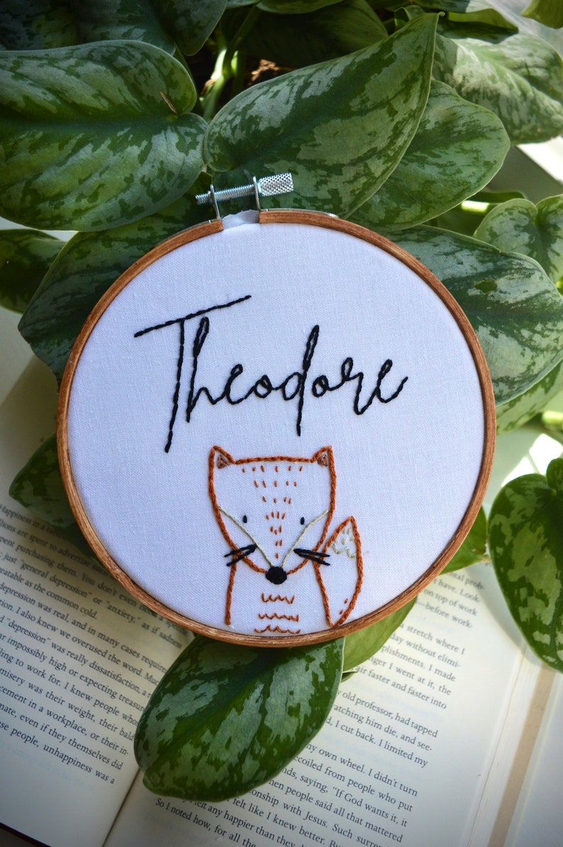 Hand Embroidered Name Hoop, Fox Embroidery, Baby Announcement Prop, Woodland Animal, Birth Announcement Sign, Baby Name Announcement image 1