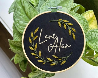 Hand Embroidered Name Hoop, Personalized Embroidery Hoop, Baby Name Announcement, Leaf Embroidery, Embroidery Hoop, Birth Announcement Sign