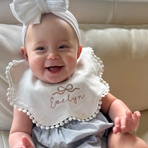 Personalized Baby Bib with Name – Scalloped Bib with Pom Pom Trim – Custom Embroidered Baby Shower Gift – Newborn Girl Bib – Keepsake Bib