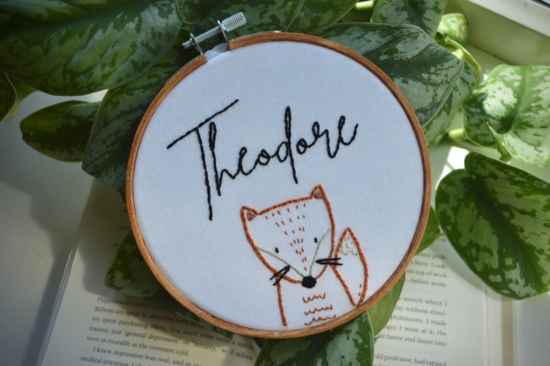 Hand Embroidered Name Hoop, Fox Embroidery, Baby Announcement Prop, Woodland Animal, Birth Announcement Sign, Baby Name Announcement image 4