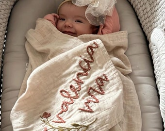 Hand Embroidered Baby Name Swaddle, Baby Name Swaddle, Personalized Baby Swaddle, Hand Embroidered Floral Name Swaddle, Baby Name Blanket